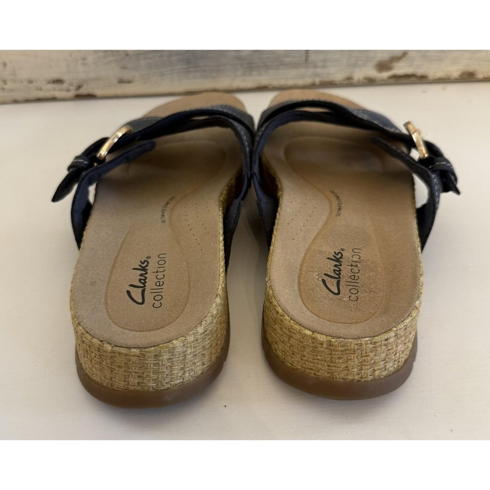 Clarks Collection Sandals Womens Blue Slip On Buckle Wedge Comfort Shoes Size 10 - Picture 3 of 5
